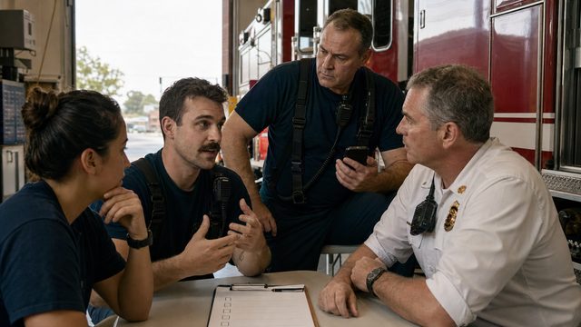 Three firefighters and a fire chief discuss a phone and evaluation checklist beside a fire engine