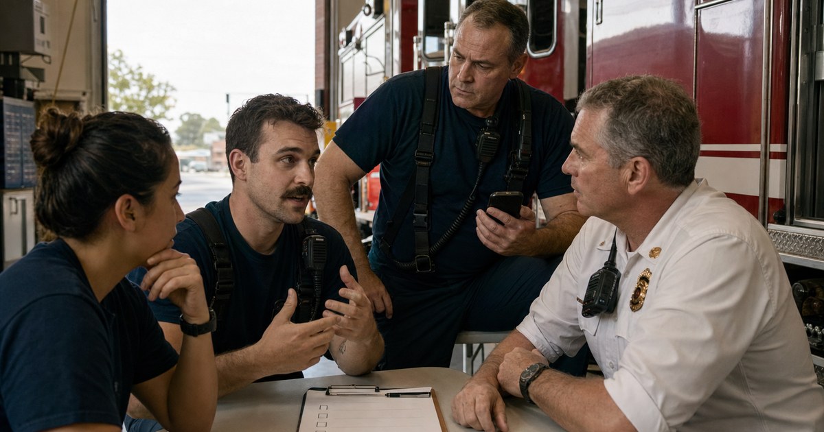 Three firefighters and a fire chief discuss a phone and evaluation checklist beside a fire engine