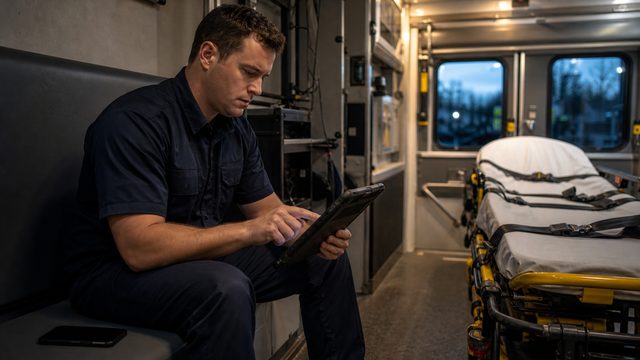 A paramedic seated on an ambulance squad bench reviews an ePCR tablet by touch