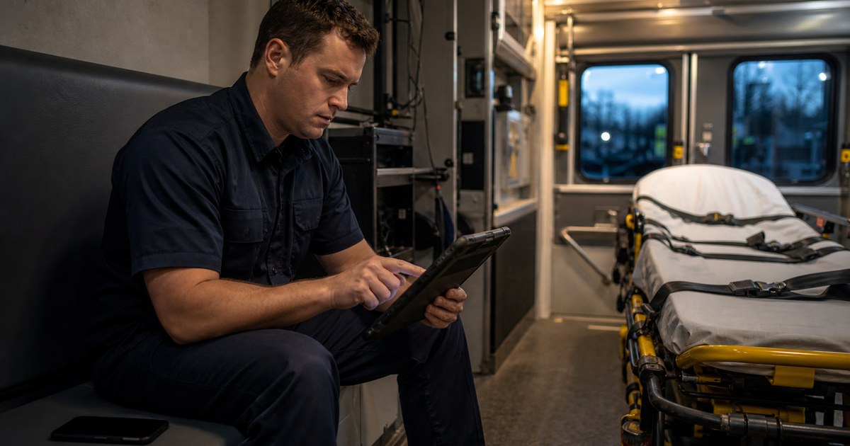 A paramedic seated on an ambulance squad bench reviews an ePCR tablet by touch