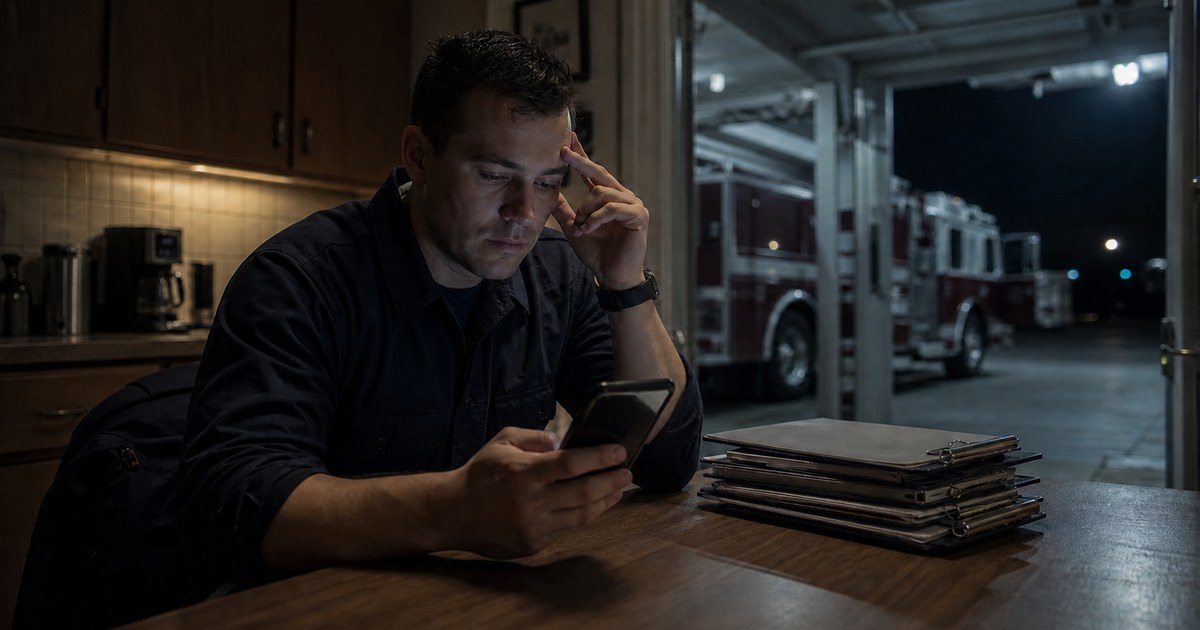 A tired paramedic looks at a personal phone beside four unfinished charts late at night