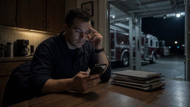 A tired paramedic looks at a personal phone beside four unfinished charts late at night