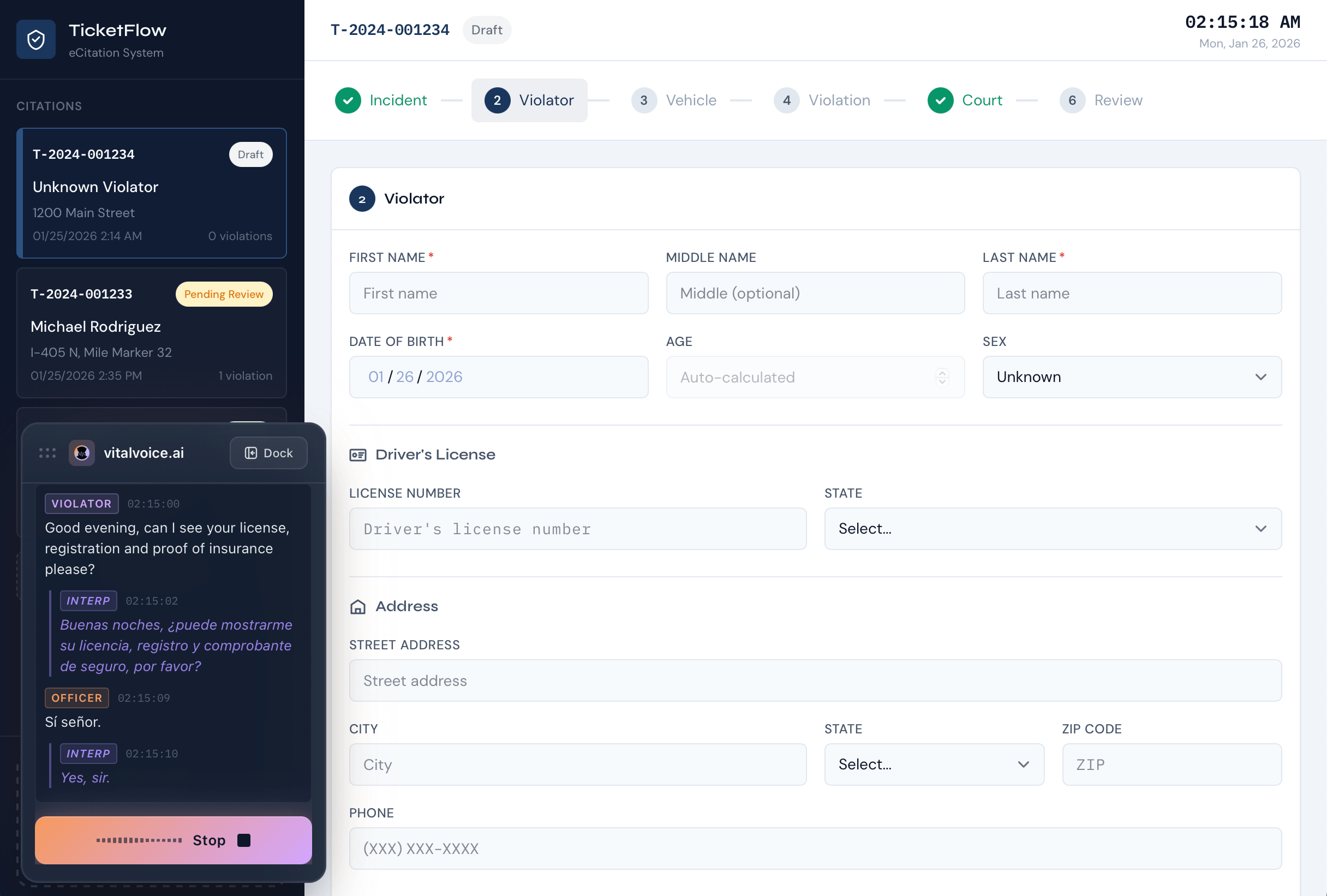 TicketFlow eCitation demo showing real-time interpretation for law enforcement field operations