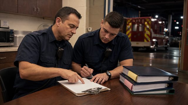 A field training officer guides a newer medic through a narrative chart at a firehouse table