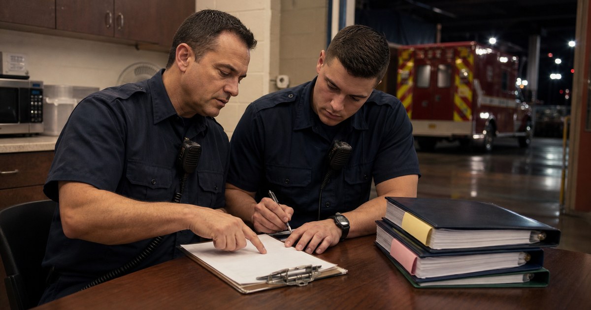 A field training officer guides a newer medic through a narrative chart at a firehouse table