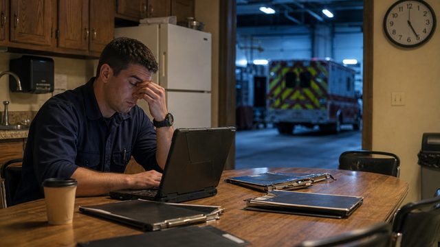 An exhausted paramedic rubs his eyes over a laptop at a firehouse kitchen table before dawn