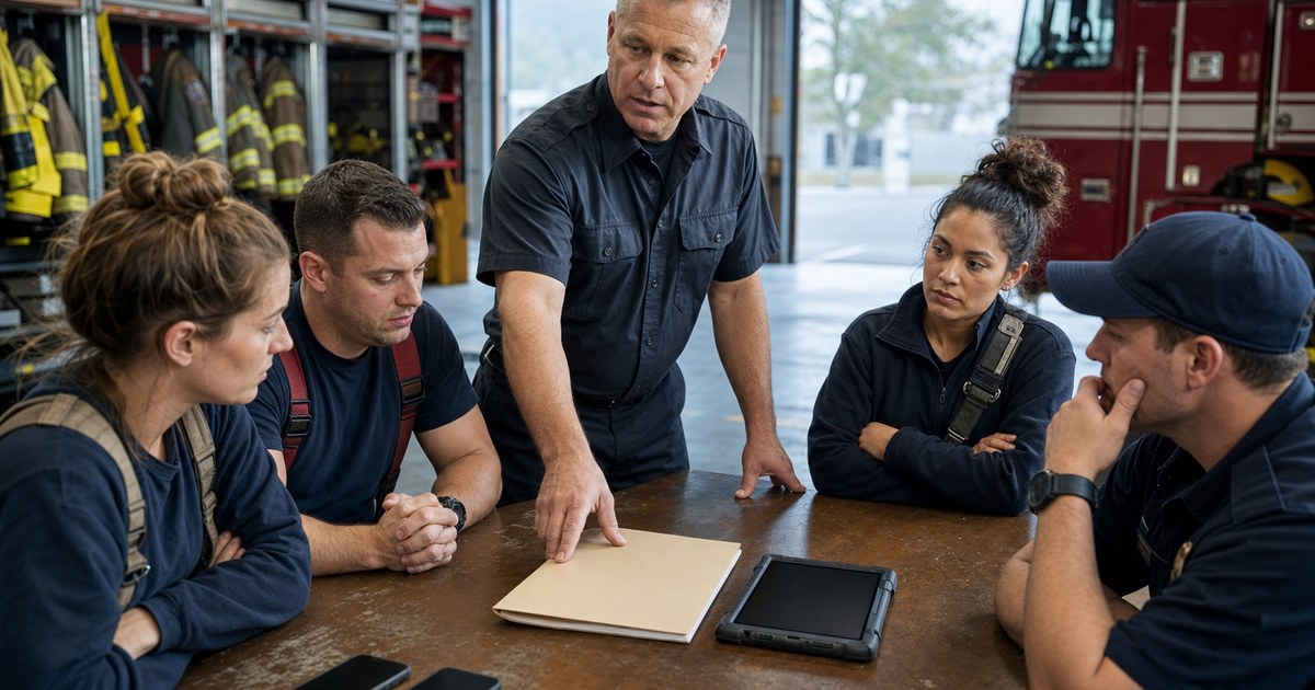A fire chief discusses a policy folder and department tablet with firefighters in an apparatus bay