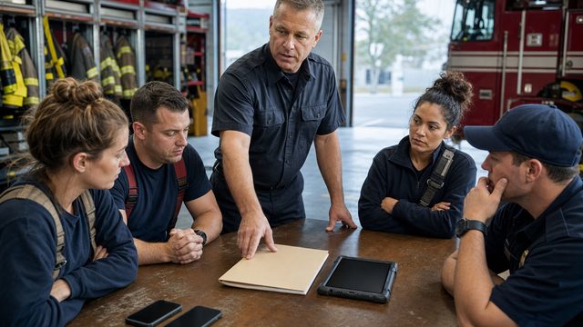 A fire chief discusses a policy folder and department tablet with firefighters in an apparatus bay