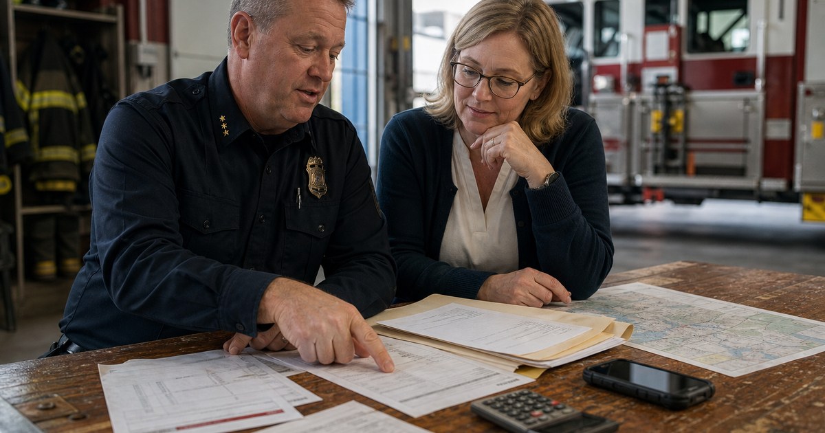 A fire chief and finance officer review budget documents together at a fire station table