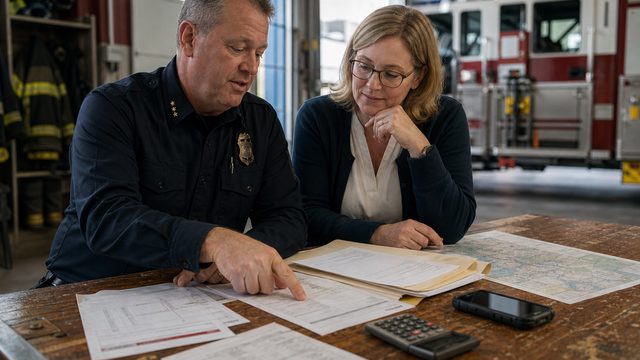 A fire chief and finance officer review budget documents together at a fire station table