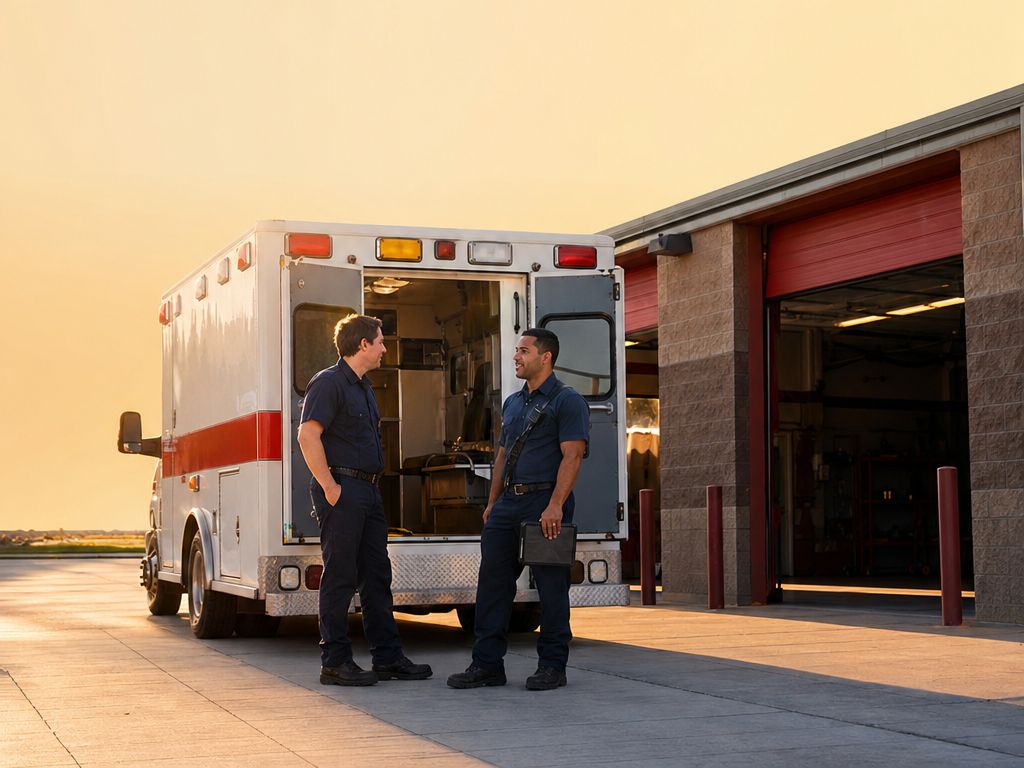 Two EMTs talk beside their ambulance outside the firehouse