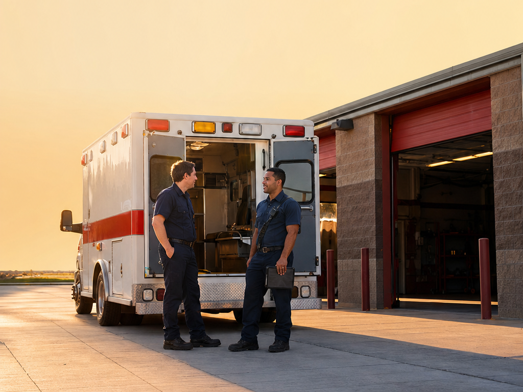 Two EMTs talk beside their ambulance outside the firehouse at sunrise