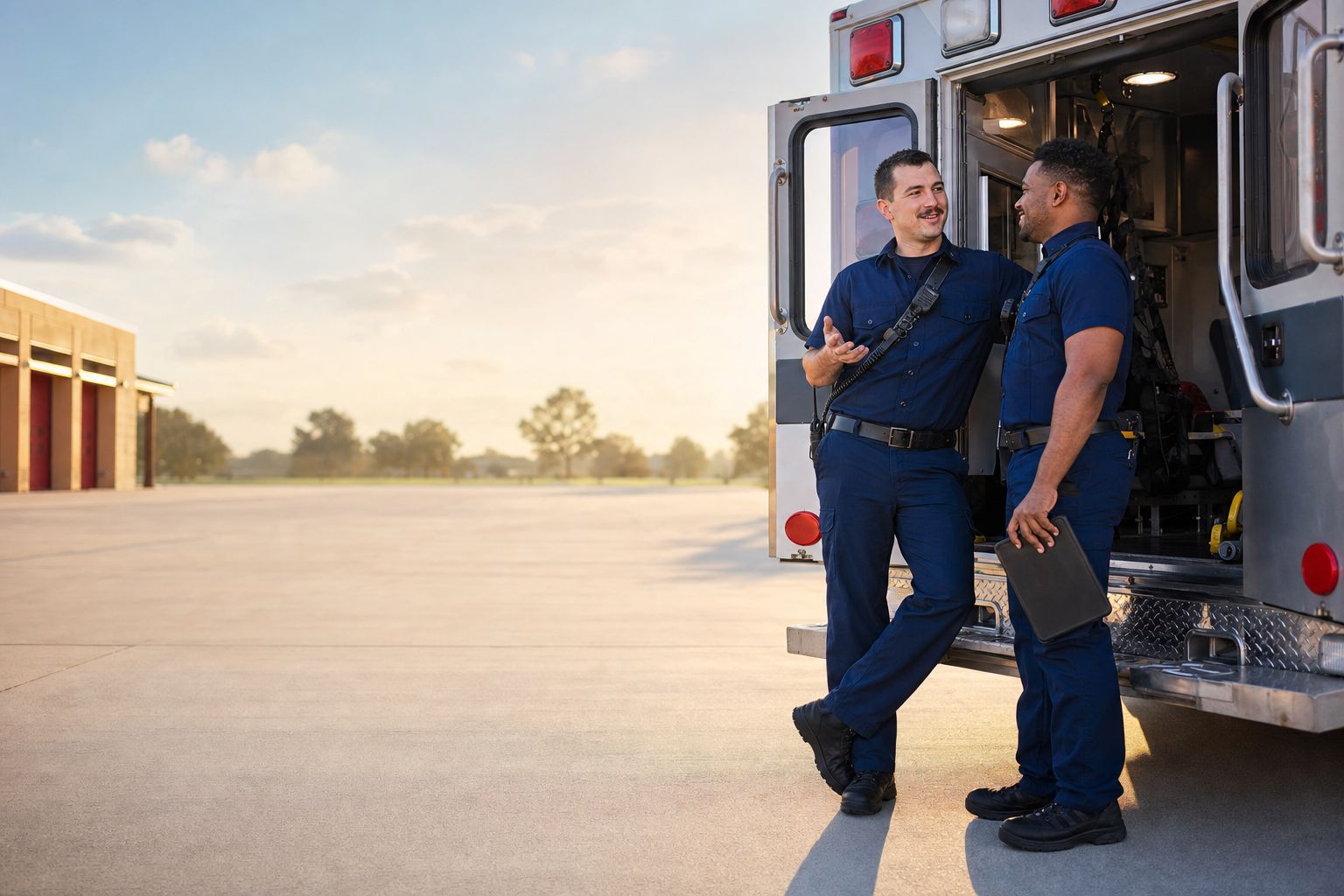 Two EMTs talk at the open rear doors of their ambulance on the station apron, tablet in hand
