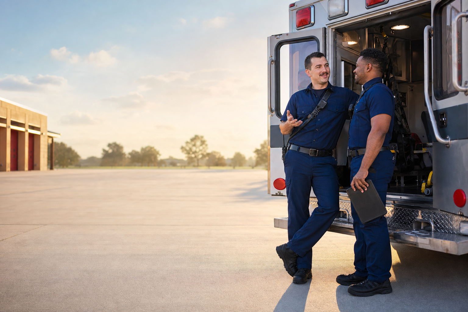 Two EMTs talk at the open rear doors of their ambulance on the station apron, tablet in hand
