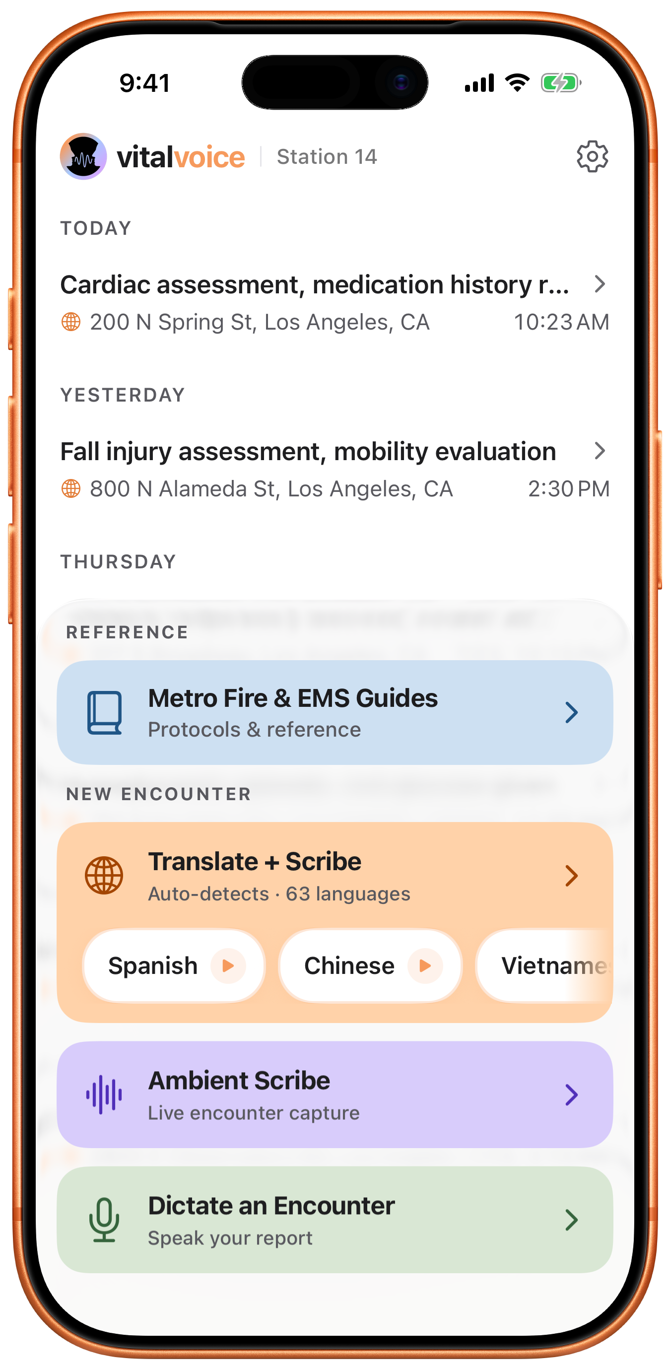 The vitalvoice.ai home screen: start an ambient, dictation, or translation session