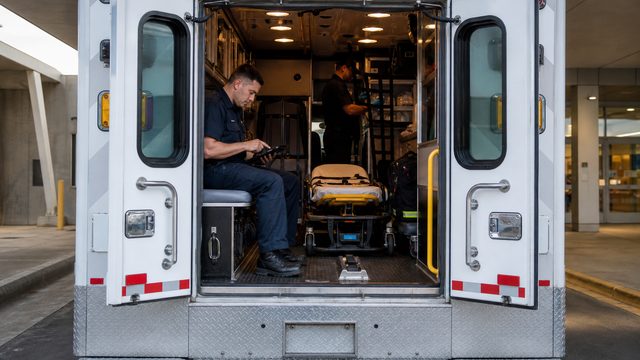 A paramedic sits on a fixed ambulance squad bench and reviews a tablet while a partner restocks