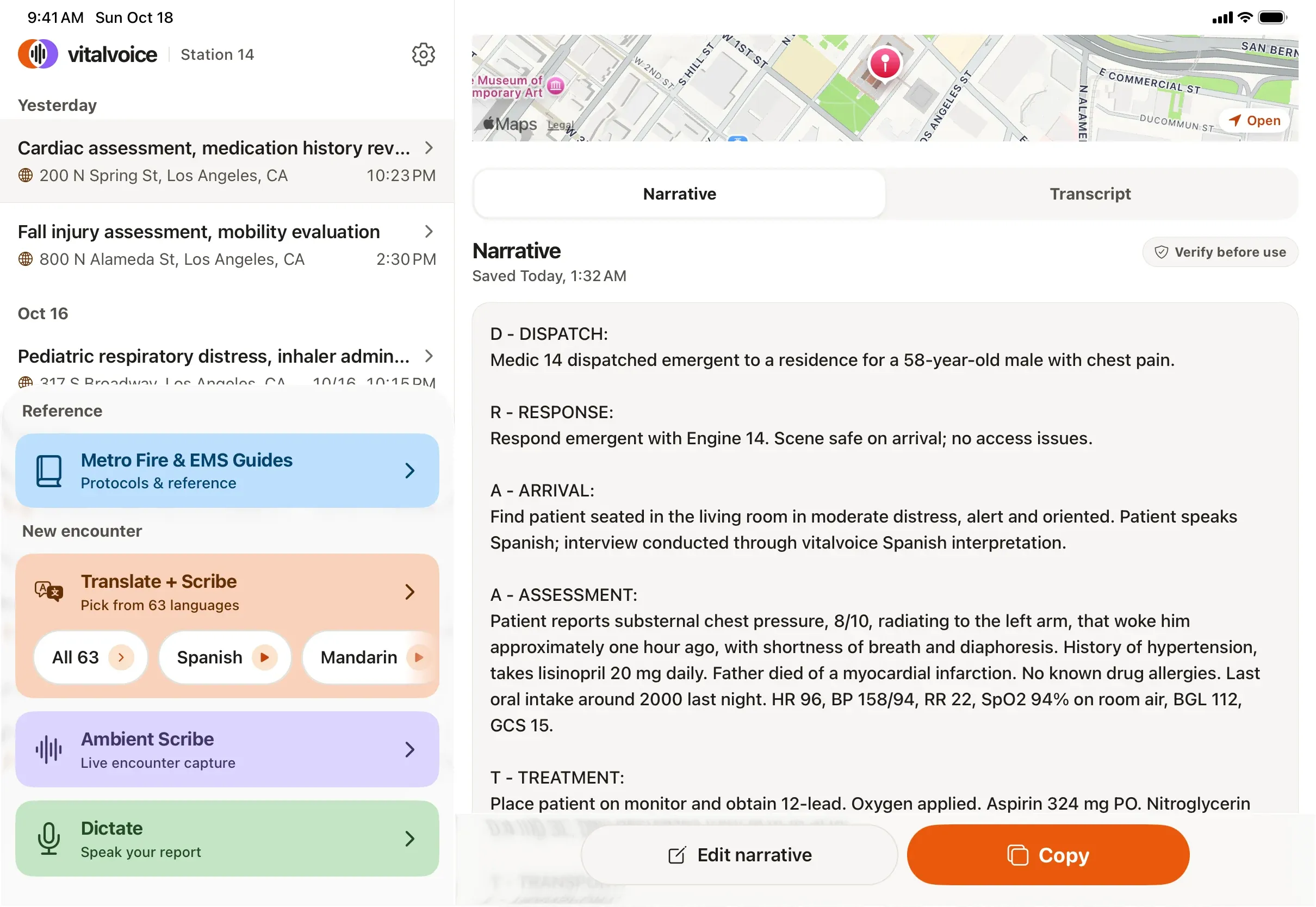 vitalvoice.ai on the rig iPad: session history, finished narrative, and scene map side by side