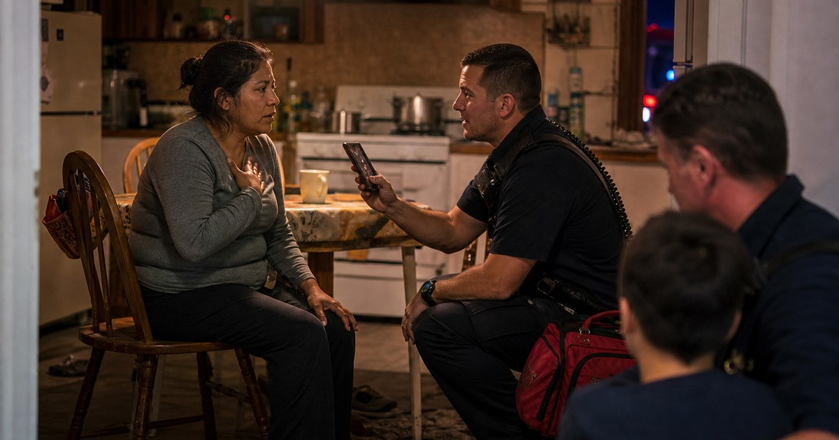 A paramedic uses a phone to speak directly with a mother while her child sits with another responder
