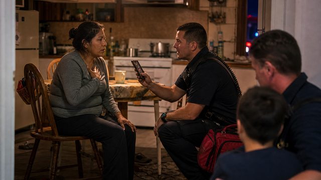 A paramedic uses a phone to speak directly with a mother while her child sits with another responder