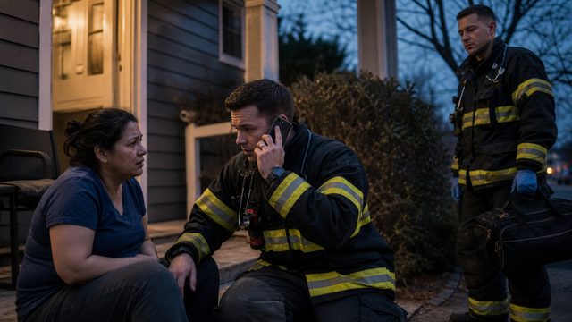 A firefighter-paramedic waits on a phone beside an anxious patient while another responder stands ready