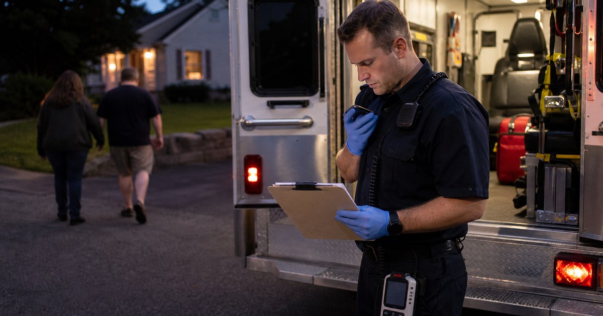 A paramedic records notes beside an ambulance as a patient and family member walk away