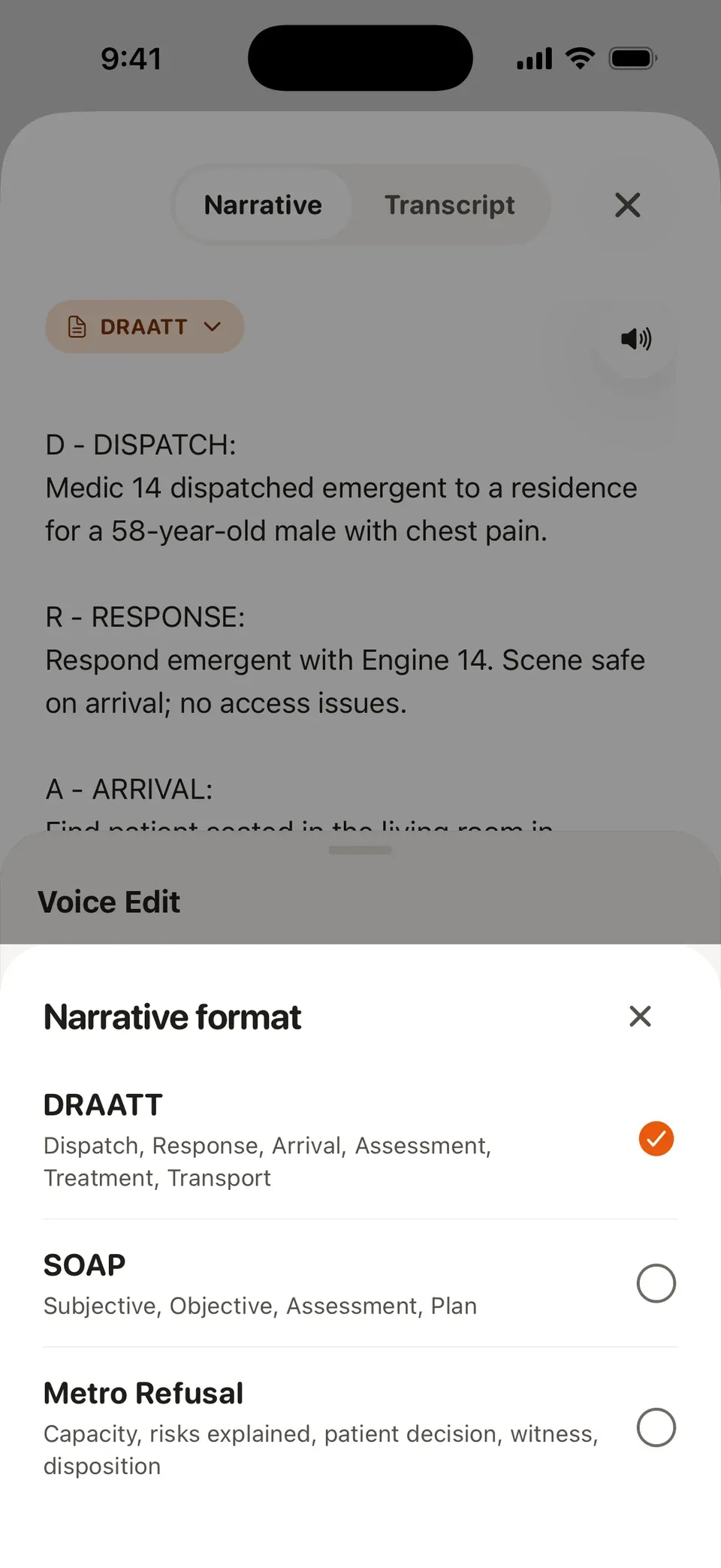 Choosing the narrative format in vitalvoice.ai: the department's DRAATT, SOAP and Metro Refusal formats