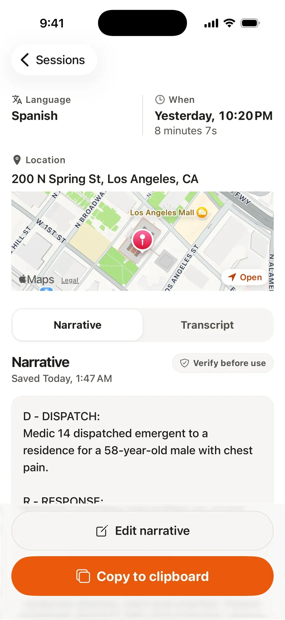 A finished narrative in vitalvoice.ai with location and time, ready to review, edit and copy into the ePCR