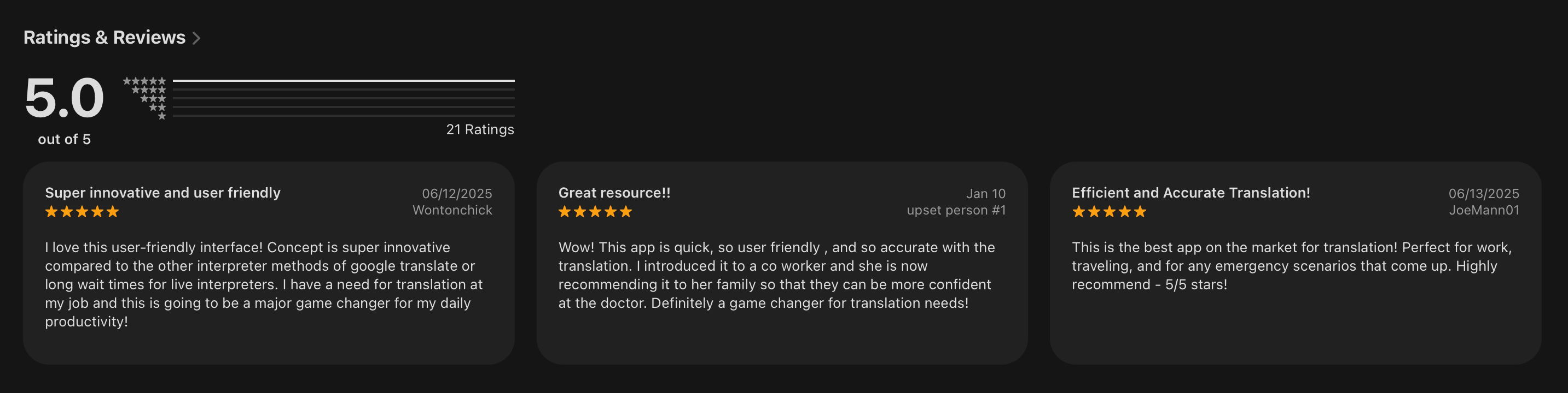 App Store ratings showing 5.0 out of 5 stars with 21 ratings and user reviews