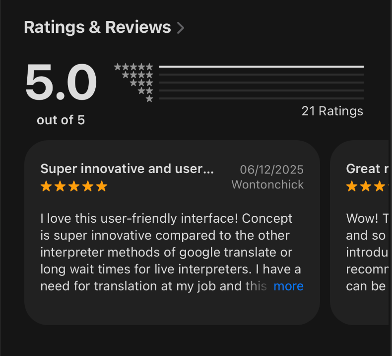 App Store ratings showing 5.0 out of 5 stars with 21 ratings