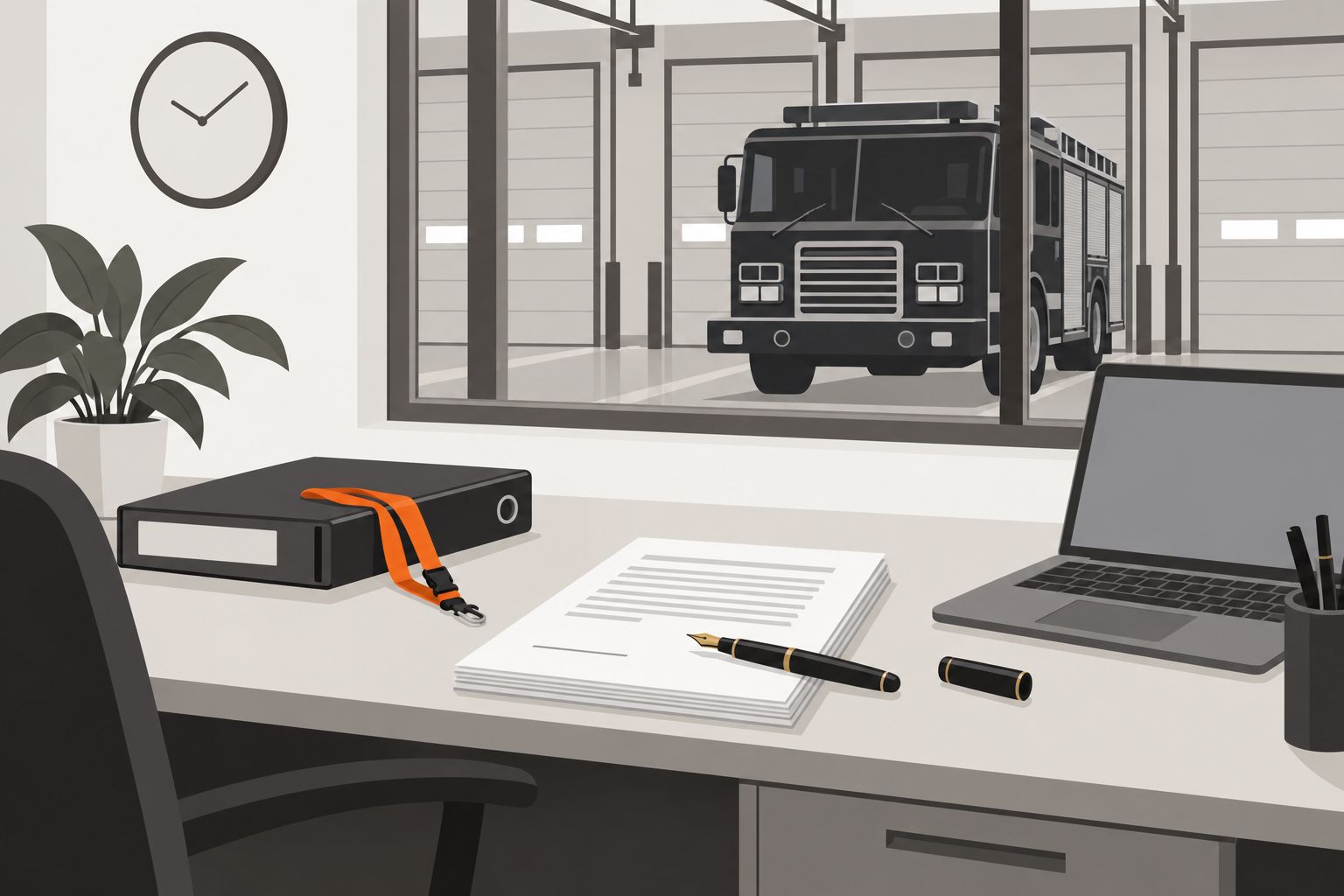 Illustration of a fire station office desk with a signed agreement and pen, and a parked engine visible through the window to the apparatus bay.