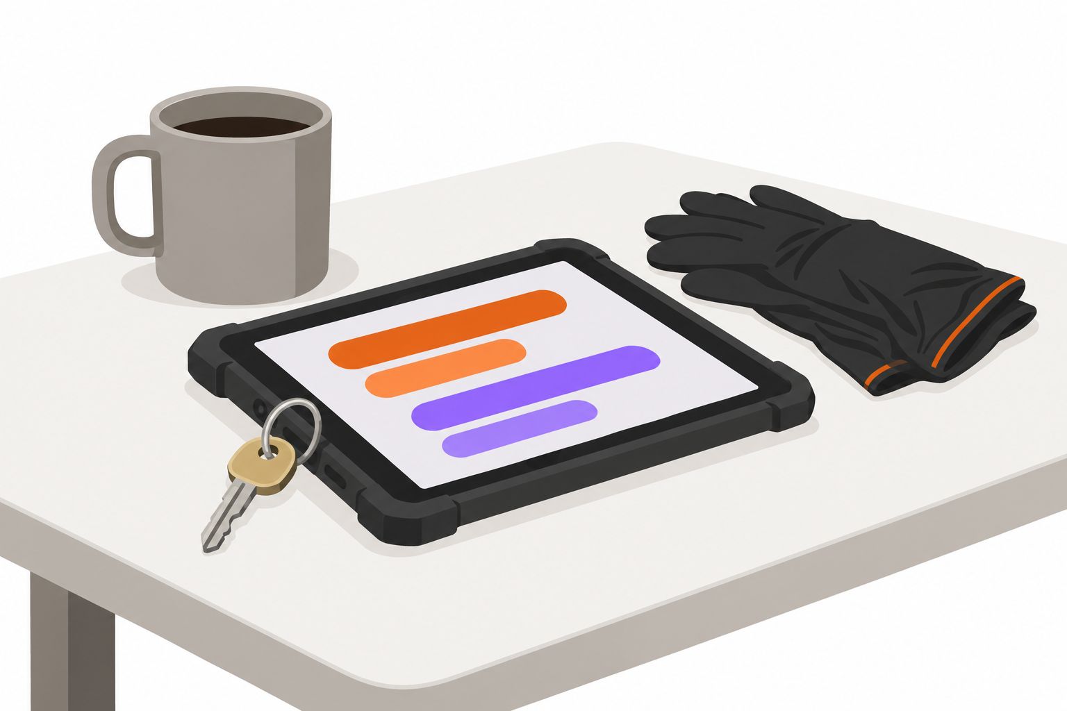 Illustration of an iPad on a station table with a physical key resting beside it.