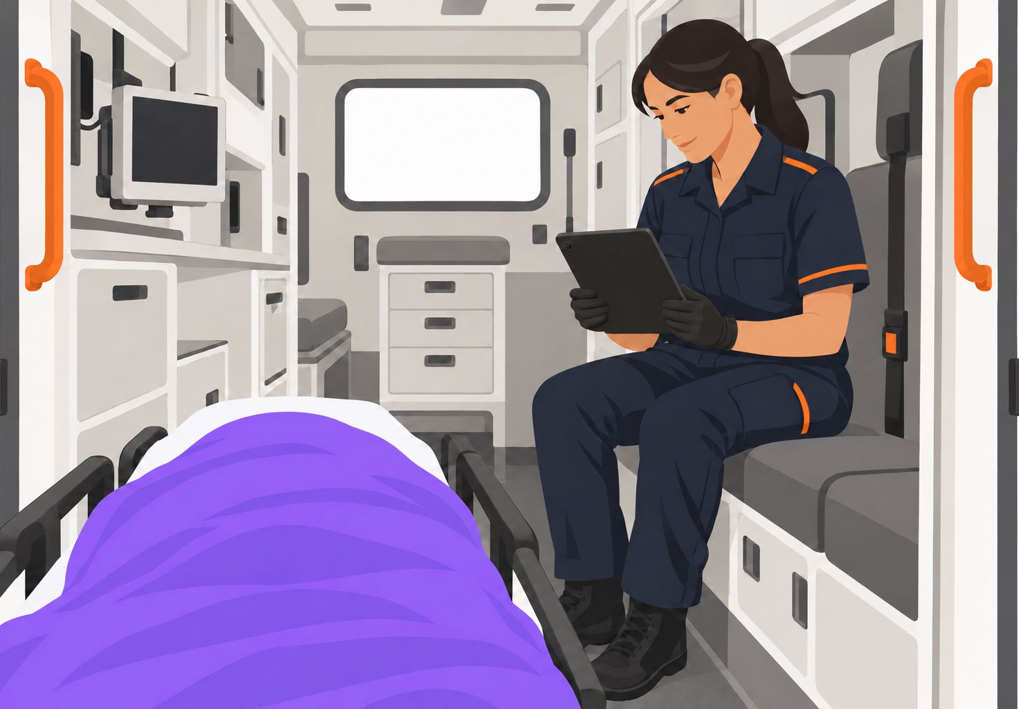 Illustration of a paramedic in the back of an ambulance documenting on an iPad while the patient, out of frame, rests under a violet blanket.