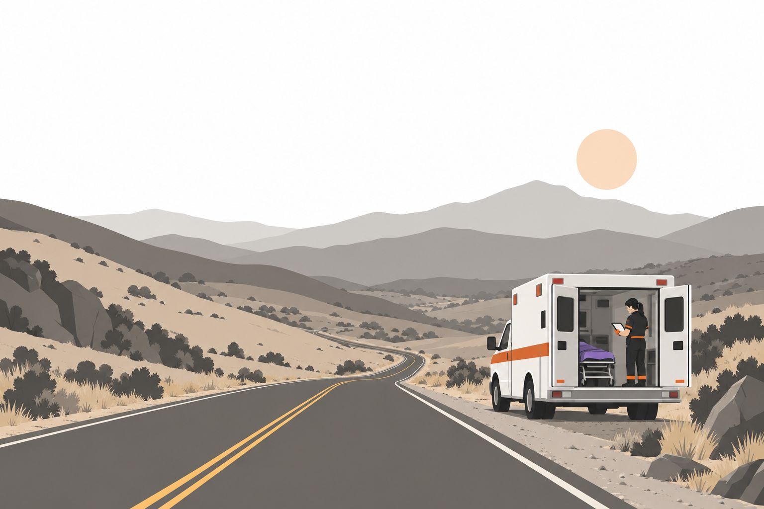 Illustration of an ambulance parked on an empty rural road between hills, far from any cell tower.