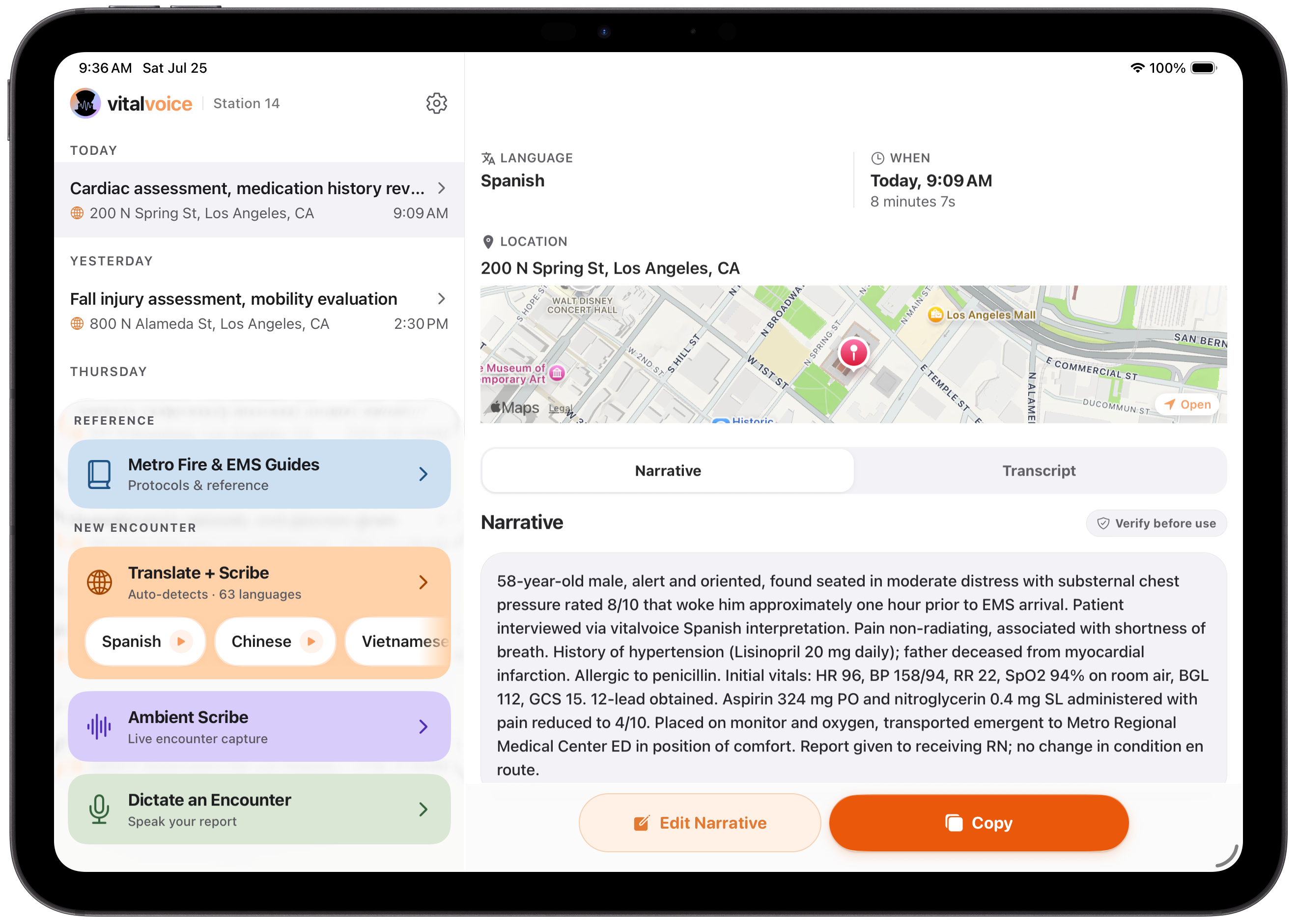 vitalvoice.ai on the rig iPad: session history, finished narrative, and scene map side by side