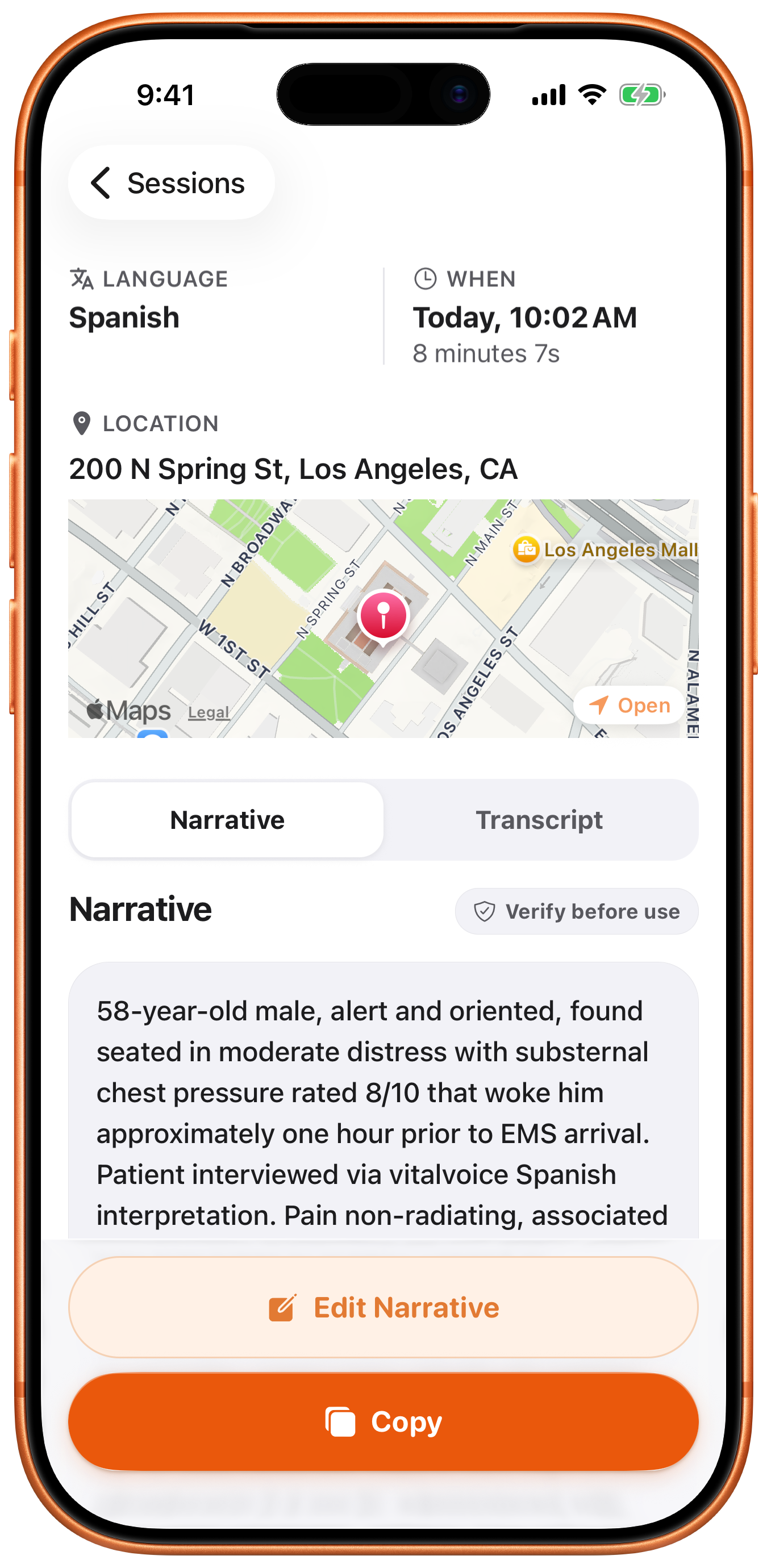 A finished DCHART starter-template narrative in vitalvoice.ai with location, time, and transcript