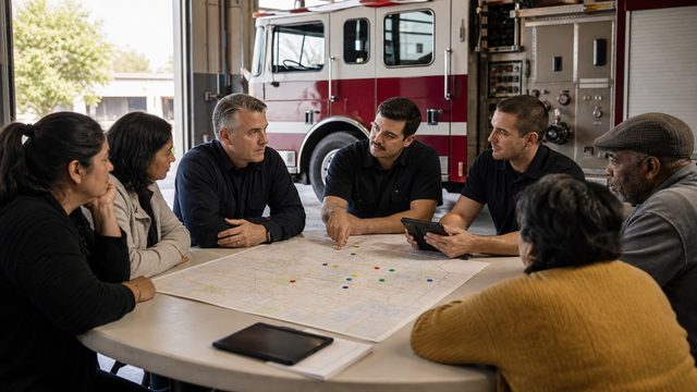 Firefighters and community members gather around a district map inside a fire station