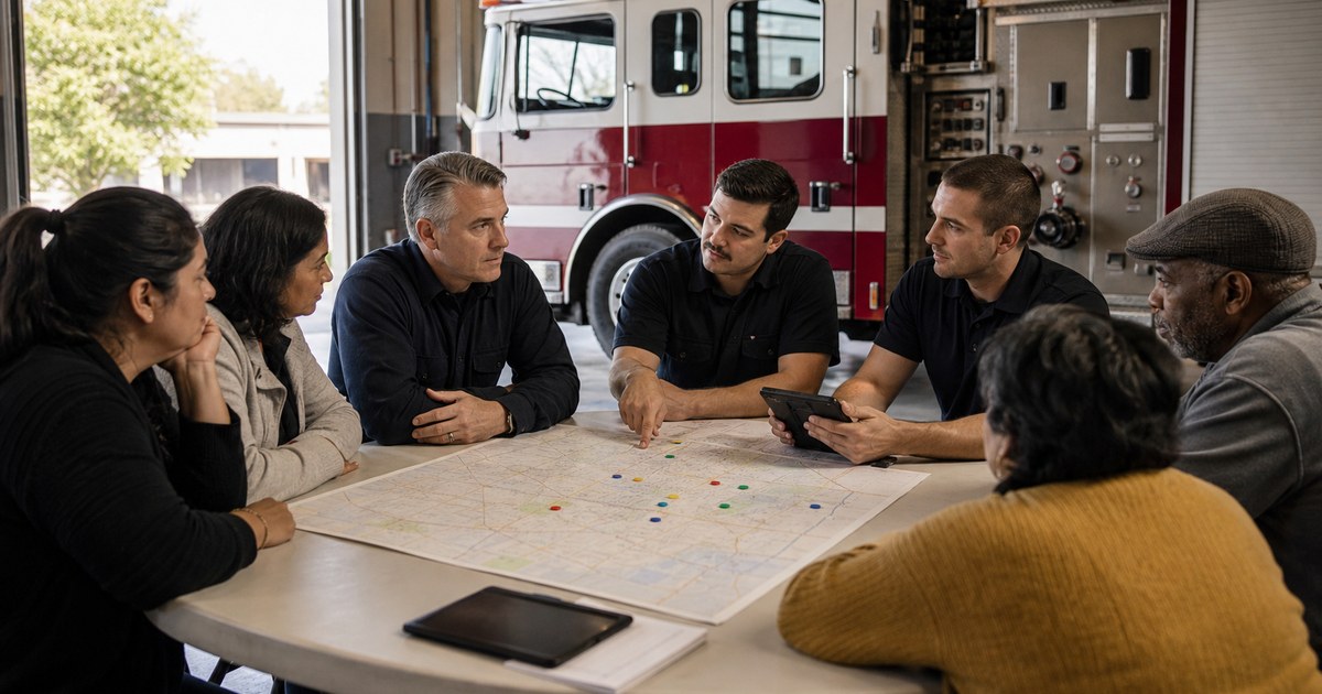 Firefighters and community members gather around a district map inside a fire station