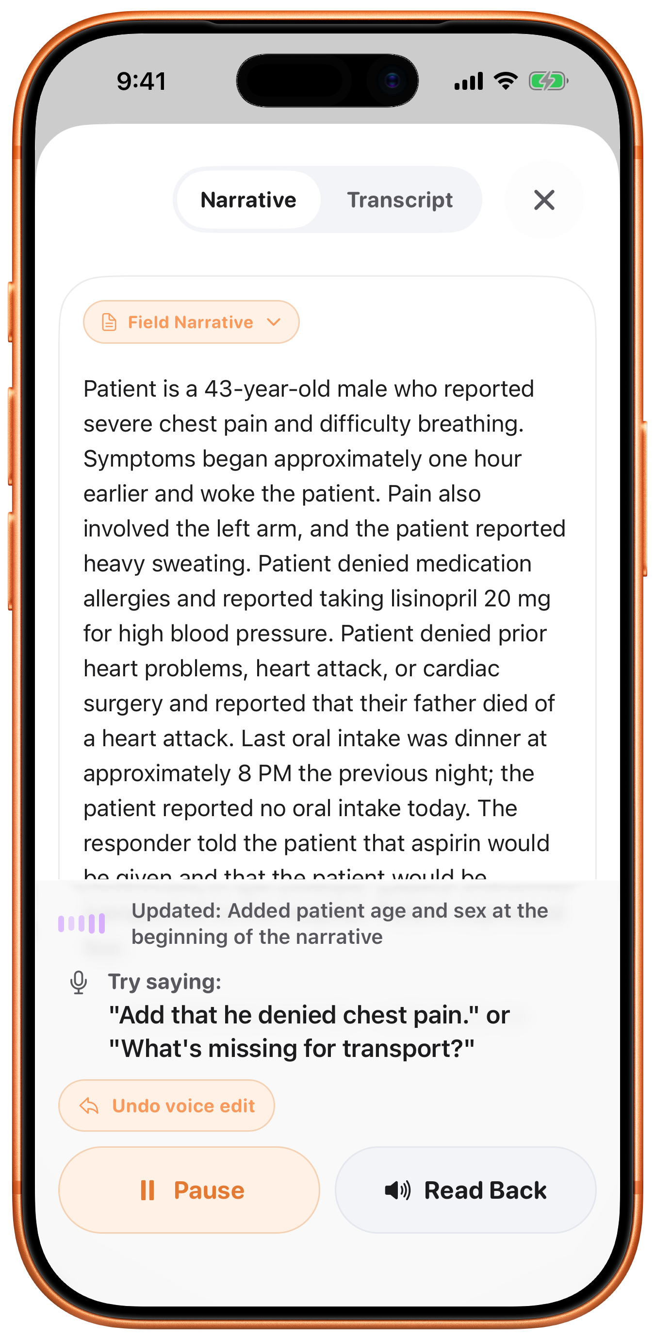 Voice review in vitalvoice.ai: the narrative edited hands-free by voice