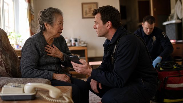 A paramedic uses a phone to communicate with an elderly woman during a home medical call