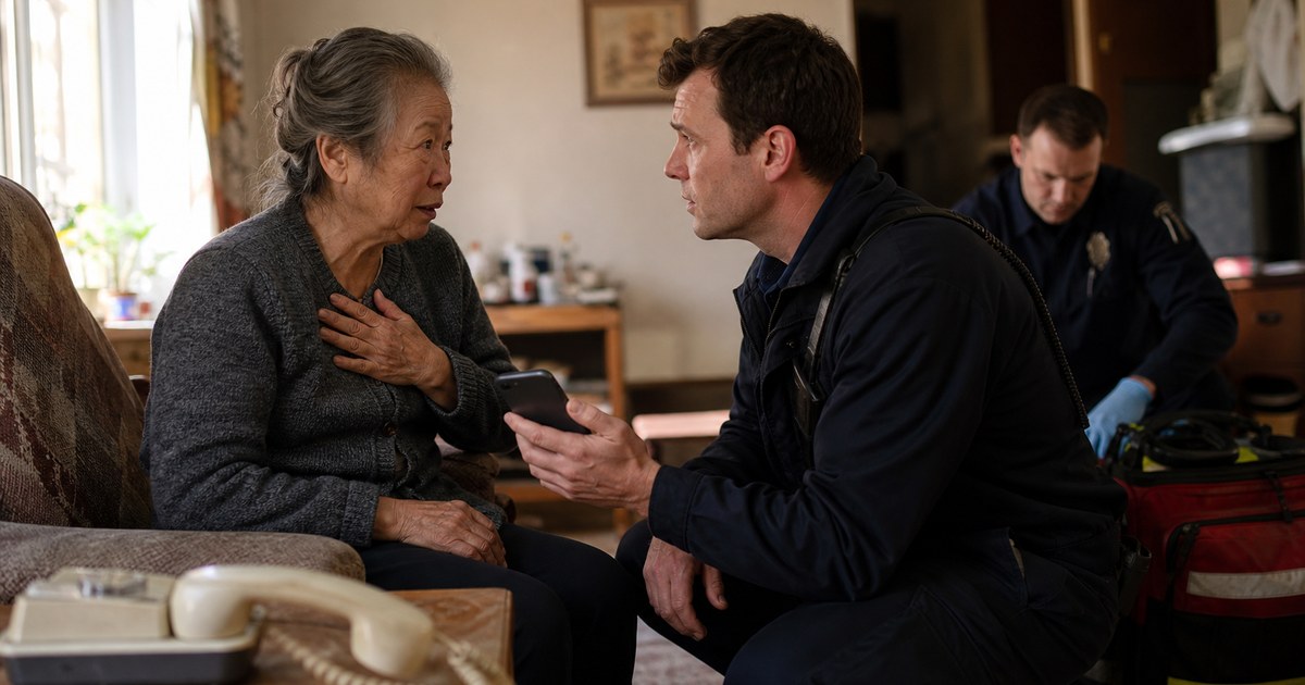 A paramedic uses a phone to communicate with an elderly woman during a home medical call